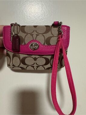 Coach Brown Signature Canvas Wristlet with Hot Pink Trim